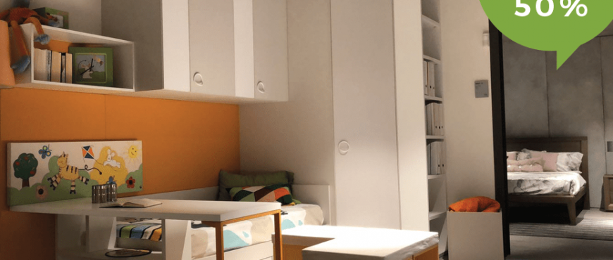 Cameretta a ponte con armadio angolare e zona studio. Offerta con Sconto del 50% per rinnovo esposizione. Camerette per bambini e ragazzi CasaStore Salerno.