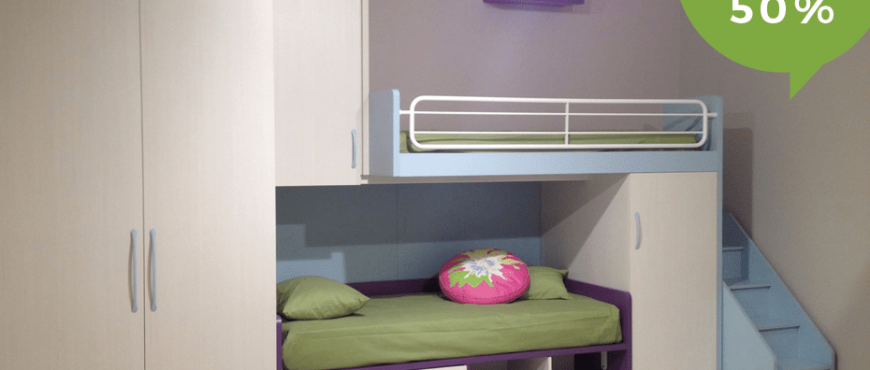 Cameretta Salvaspazio con soppalco, doppio letto ed armadio. Offerta con Sconto del 50% per rinnovo esposizione. Camerette per bambini e ragazzi CasaStore Salerno.