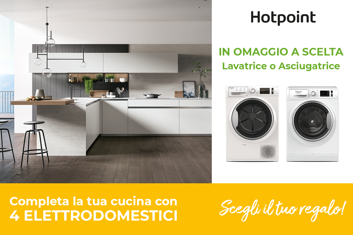 Promo Hotpoint - Acquista una cucina CasaStore con 4 elettrodomestici Hotpoint e riceverai un omaggio a scelta tra una lavatrice o un'asciugatrice.
