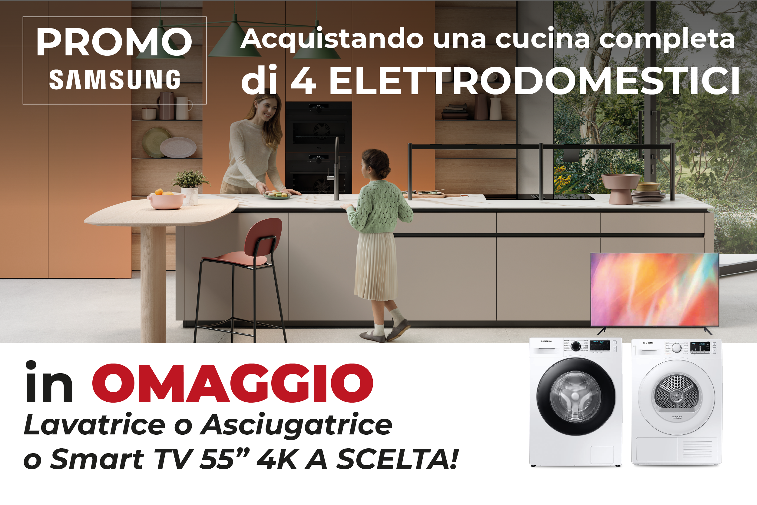 Offerta Cucine Arredo3 2024 - Con Cucina completa con elettrodomestici Samsung Lavatrice o Asciugatrice o TV 4K UHD 55 pollici in Omaggio.