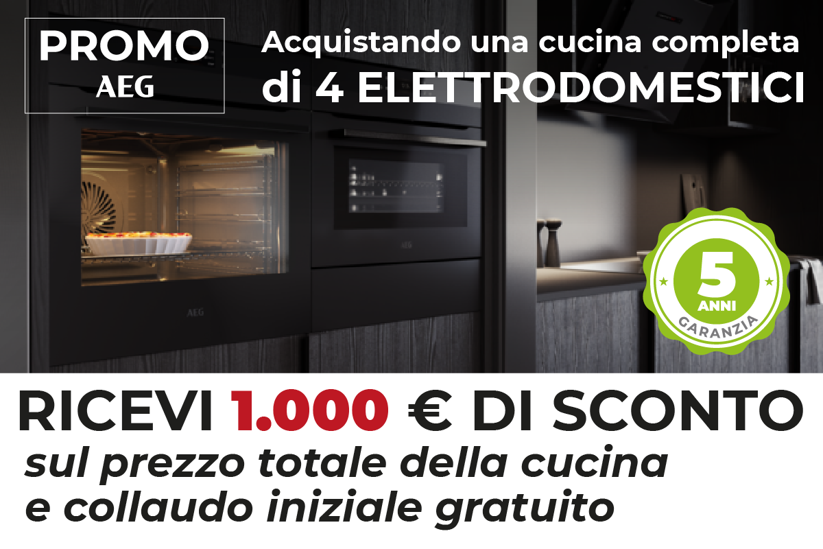 Offerta Cucine Arredo3 2024 - Con Cucina completa con elettrodomestici AEG ricevi uno sconto di € 1000 sul prezzo finale.